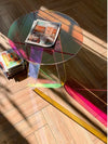 Iridescent acrylic table at event venue as wedding decoration furniture