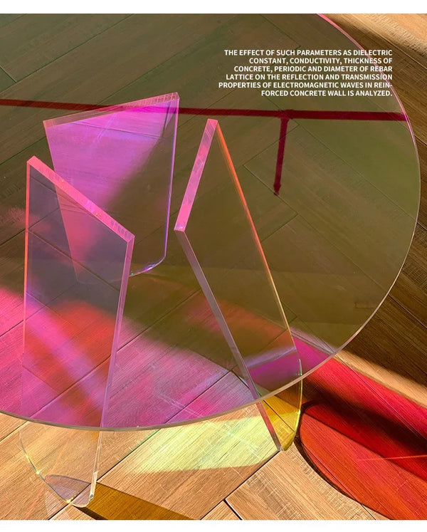 Iridescent acrylic table as retail store product display stand