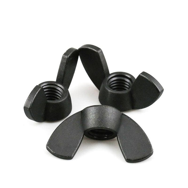 Size comparison chart of M3 to M12 nylon plastic wing nuts in black and white