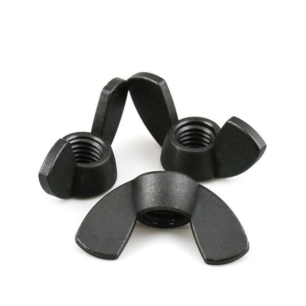 Size comparison chart of M3 to M12 nylon plastic wing nuts in black and white