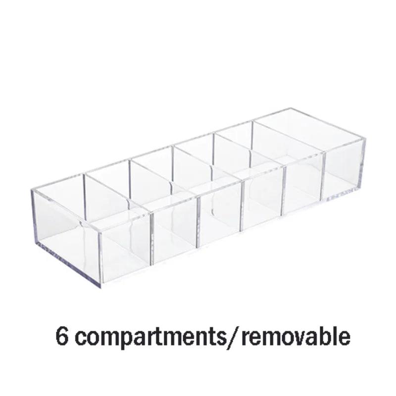 Acrylic cosmetic organizer on bathroom counter with daily essentials