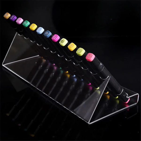 Top view of acrylic marker holder with neatly arranged pens