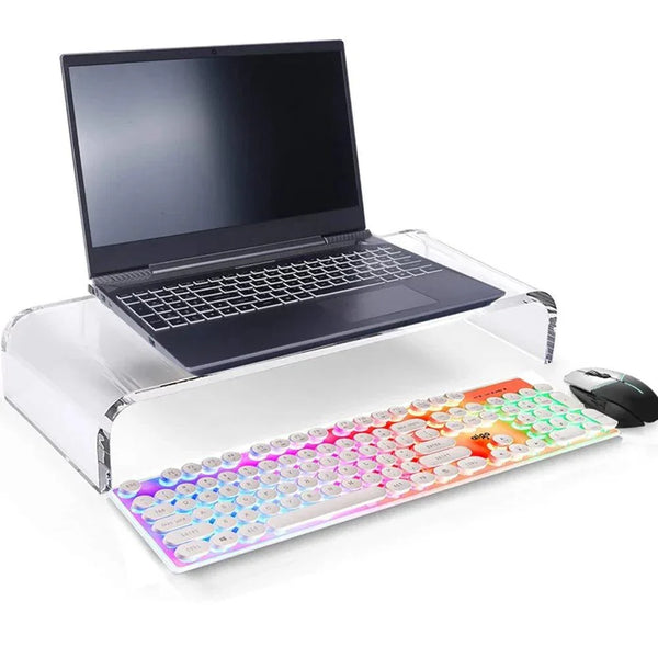Modern clear acrylic laptop stand on wooden desk for minimalist workspace