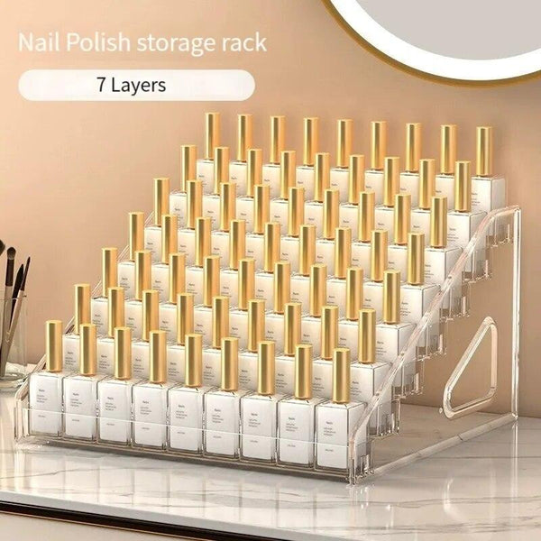 Nail polish bottles neatly arranged on a 7-layer acrylic display rack