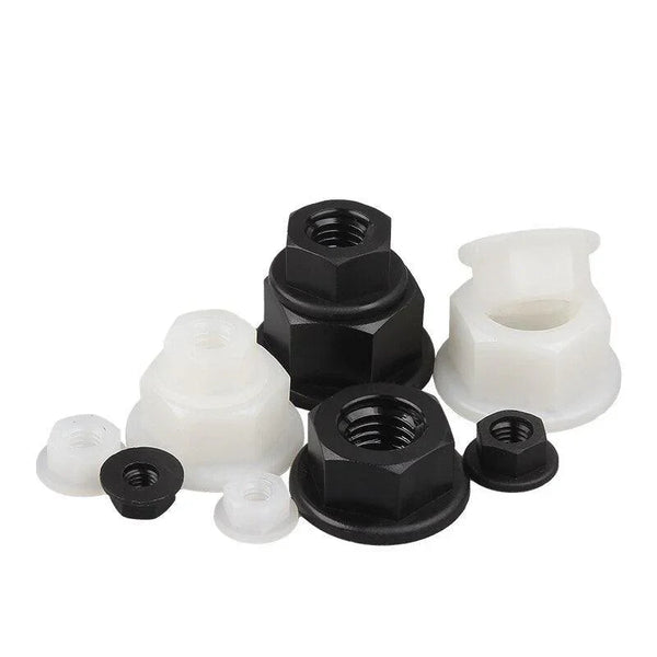 Nylon flange nuts variety pack with M3 to M12 sizes in white and black