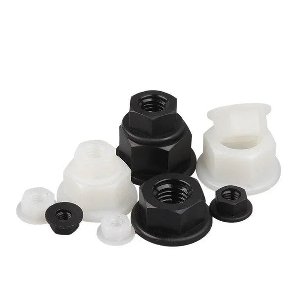 Nylon flange nuts variety pack with M3 to M12 sizes in white and black