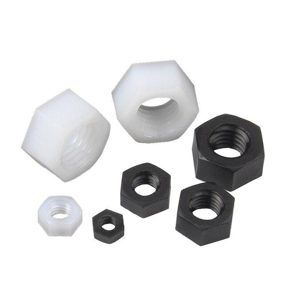 Black and white nylon hex nuts set M2 to M20 for electronics and furniture projects