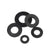 Close-up of white and black nylon flat washers in multiple sizes