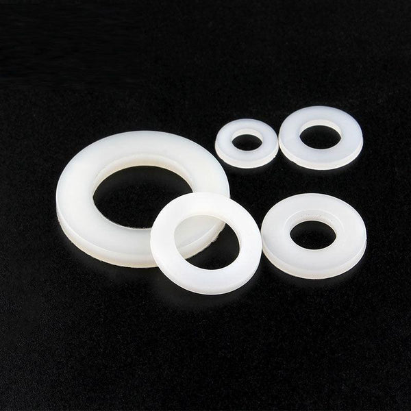 Assorted nylon flat washers packaged in labeled individual bags
