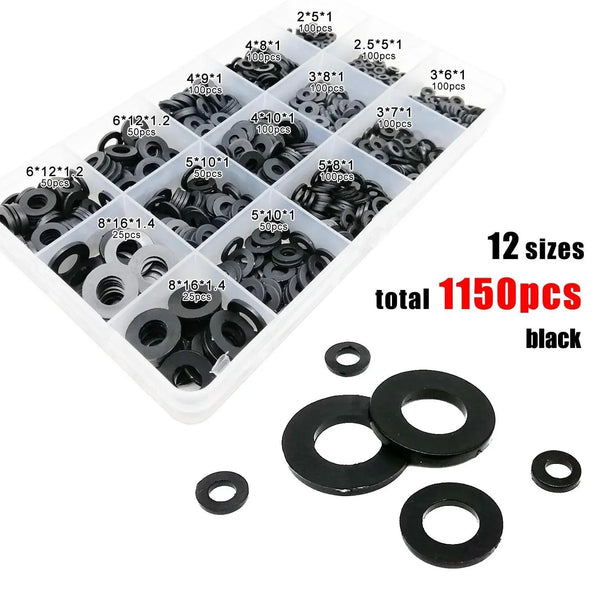 Black nylon plastic washers kit with 1150pcs in storage box