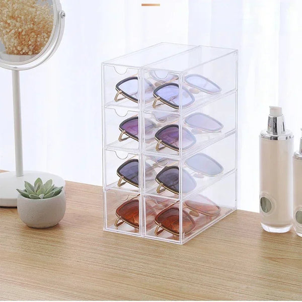 Office desk with eyeglass storage organizer in professional workspace