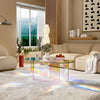 Top view of 37 inch oval acrylic coffee table showing iridescent rainbow surface