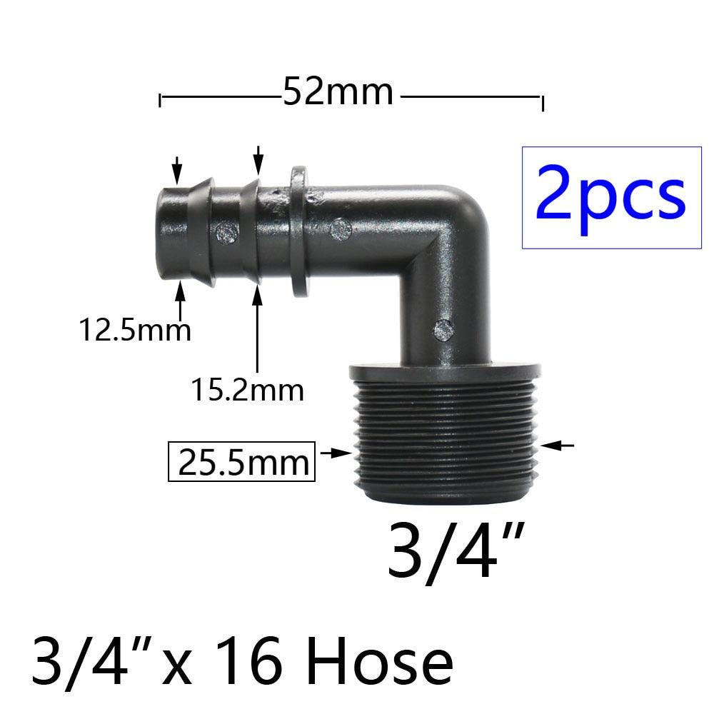 Size comparison of 1/2", 3/4", and 1" PE hose connectors