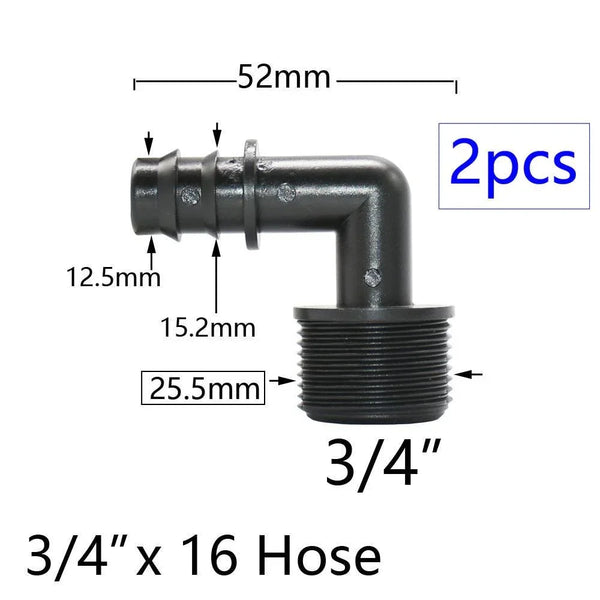 Size comparison of 1/2", 3/4", and 1" PE hose connectors