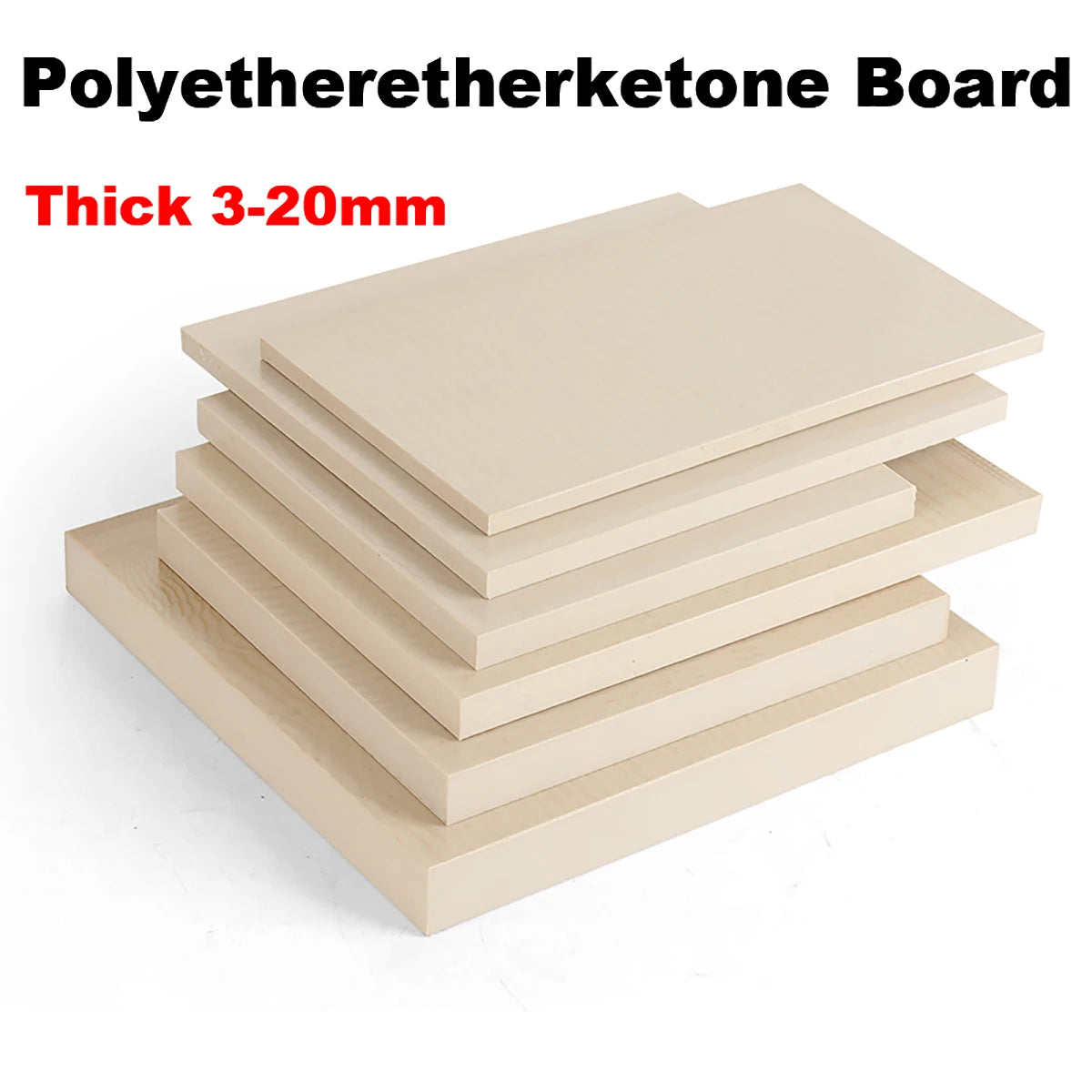 High temperature resistant PEEK plastic plate showing 6mm, 12mm and 20mm thickness options