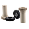 Precision CNC-machined plastic gears in black and beige cylindrical bushings in Nylon or PEEK for mechanical transmission and low-friction applications