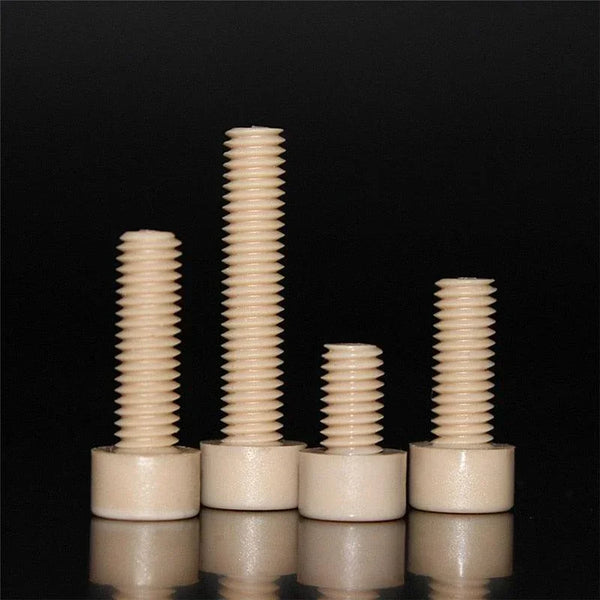 PEEK plastic screws in black, white, red, blue, green, yellow colors