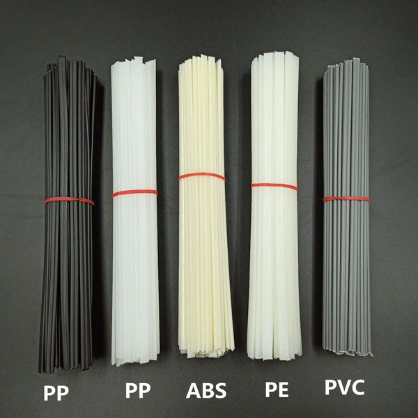 Color-coded plastic welding sticks for identifying ABS, PP, PE, and PVC materials