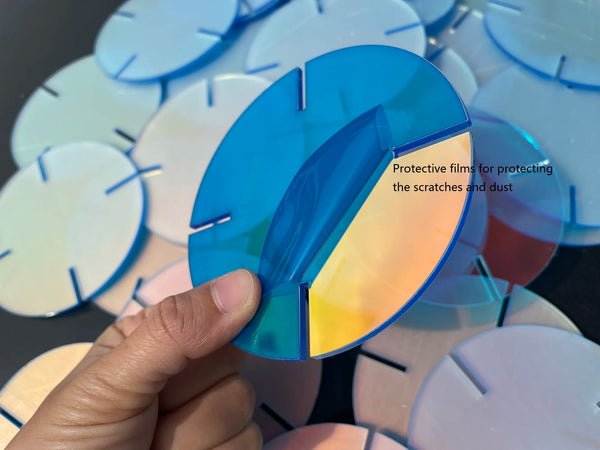 Rainbow PMMA acrylic disc showing color change effect from different viewing angles