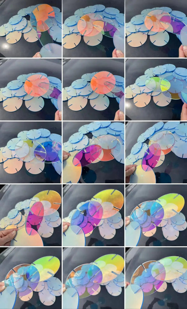 Macro view of iridescent coating showing vibrant rainbow color shifting effect on PMMA