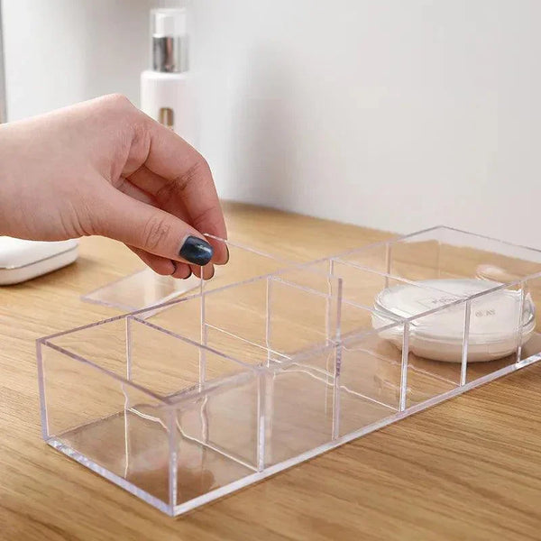 Close-up of acrylic drawer organizer with removable dividers