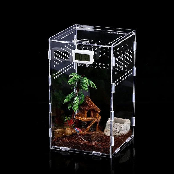 Reptile feeding box with open magnetic lid for easy access