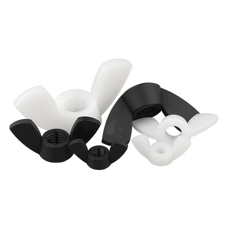 Reusable nylon plastic thumb nuts shown with product packaging and label details