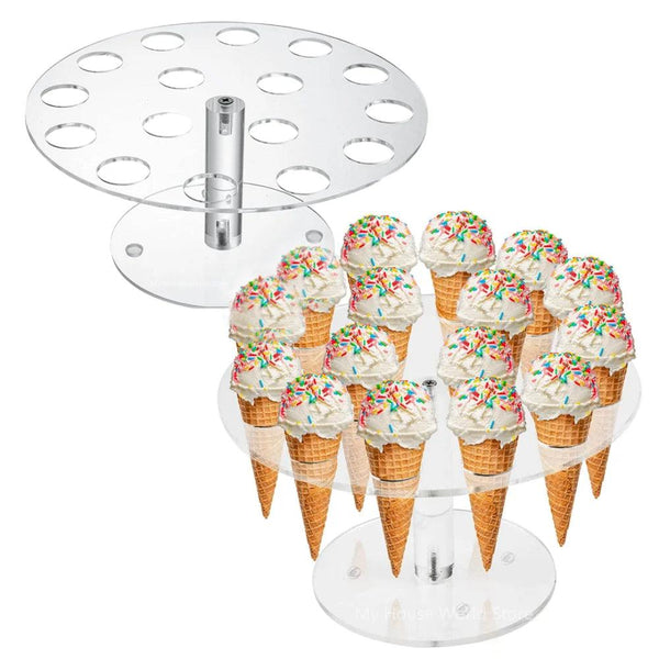 Front view of 6-hole round acrylic ice cream cone holder stand