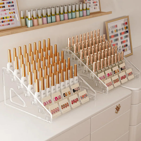 4-tier salon display stand in professional nail salon setting with gel polish collection