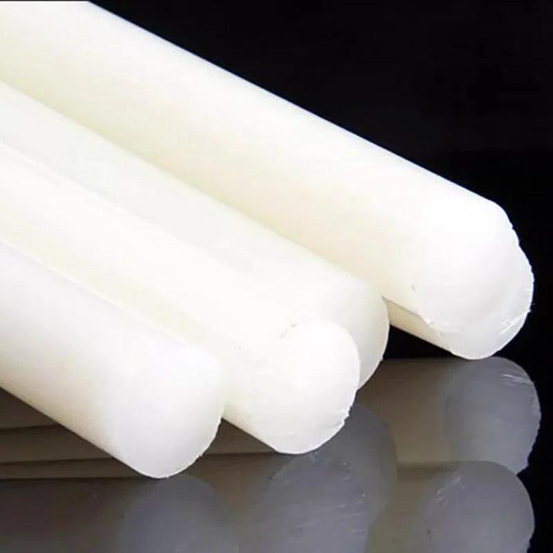 Close-up of small diameter white nylon rod (3mm–5mm) for precision machining