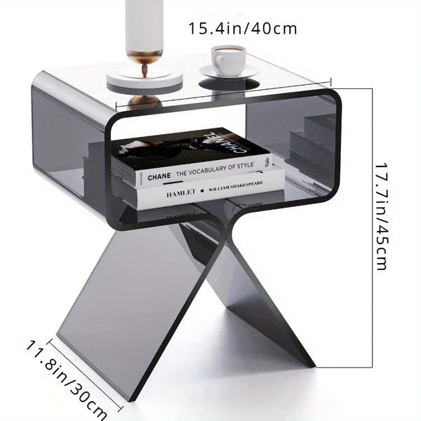 Transparent nightstand in small bedroom space saving design lifestyle photo