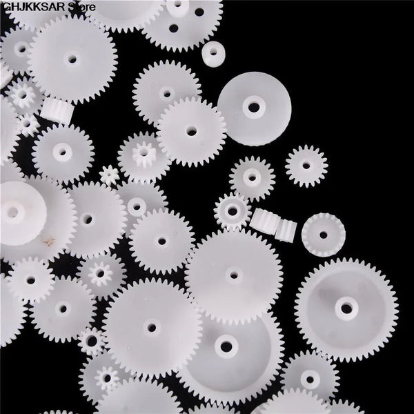 Overview of 58-piece plastic gear kit for STEM robotics and DIY models