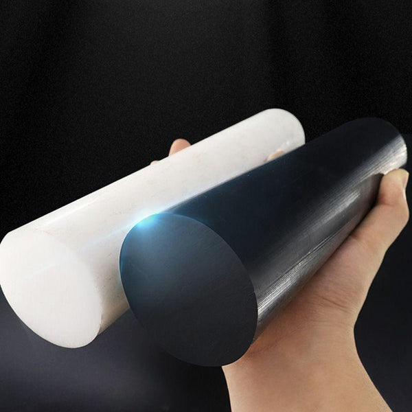 Overview of Delrin acetal POM rods in black and white, cut-to-size round bars