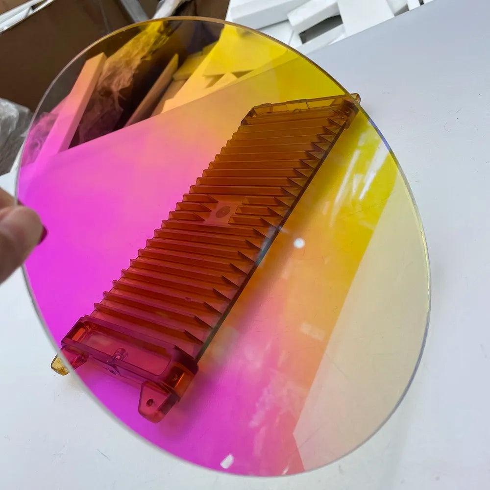 Detailed view of dichroic acrylic sheet showcasing rainbow-like color transitions