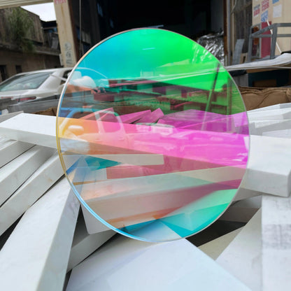 Round Rainbow Acrylic Sheet with iridescent finish displaying vibrant color shifts