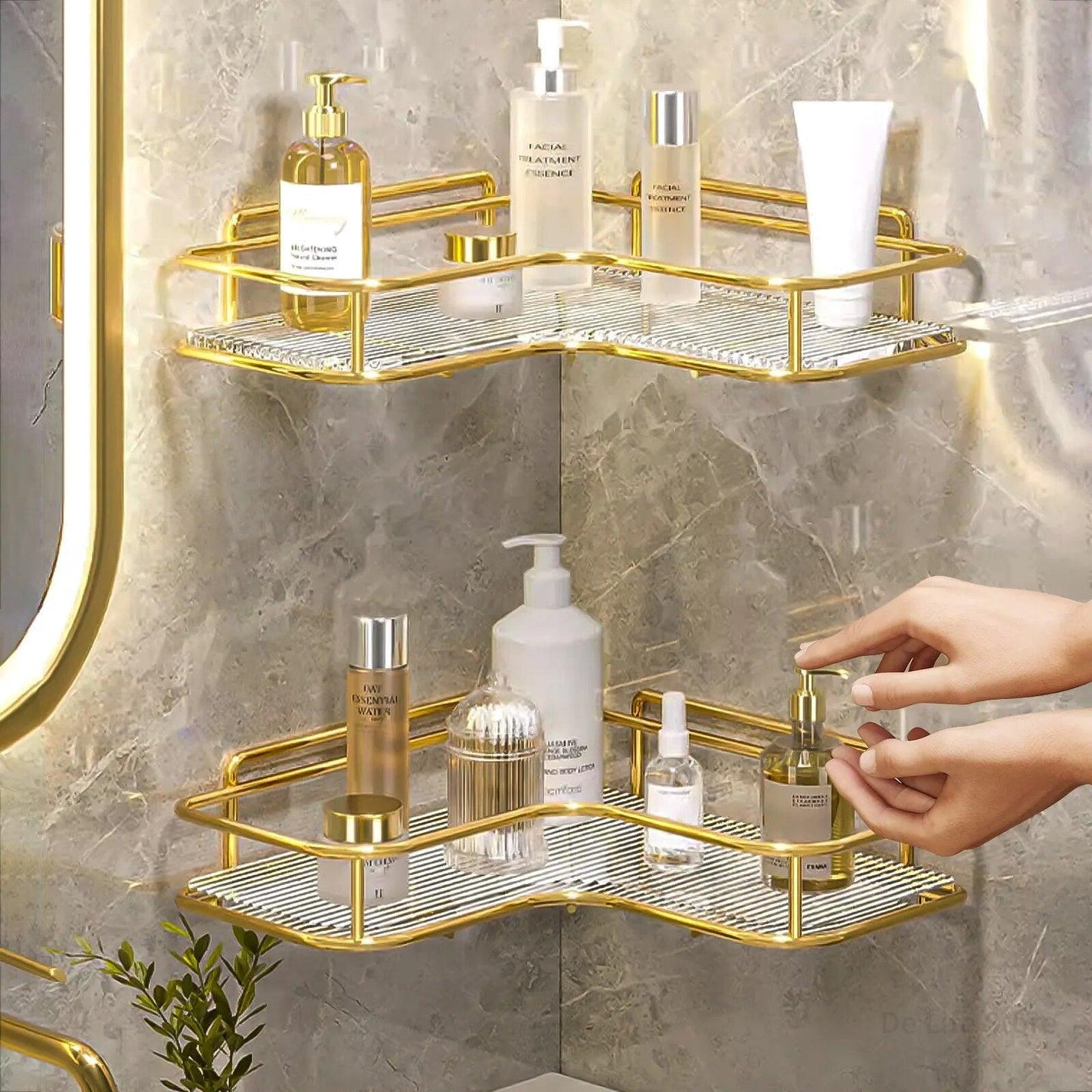 Close-up of acrylic corner bathroom shelf without drilling