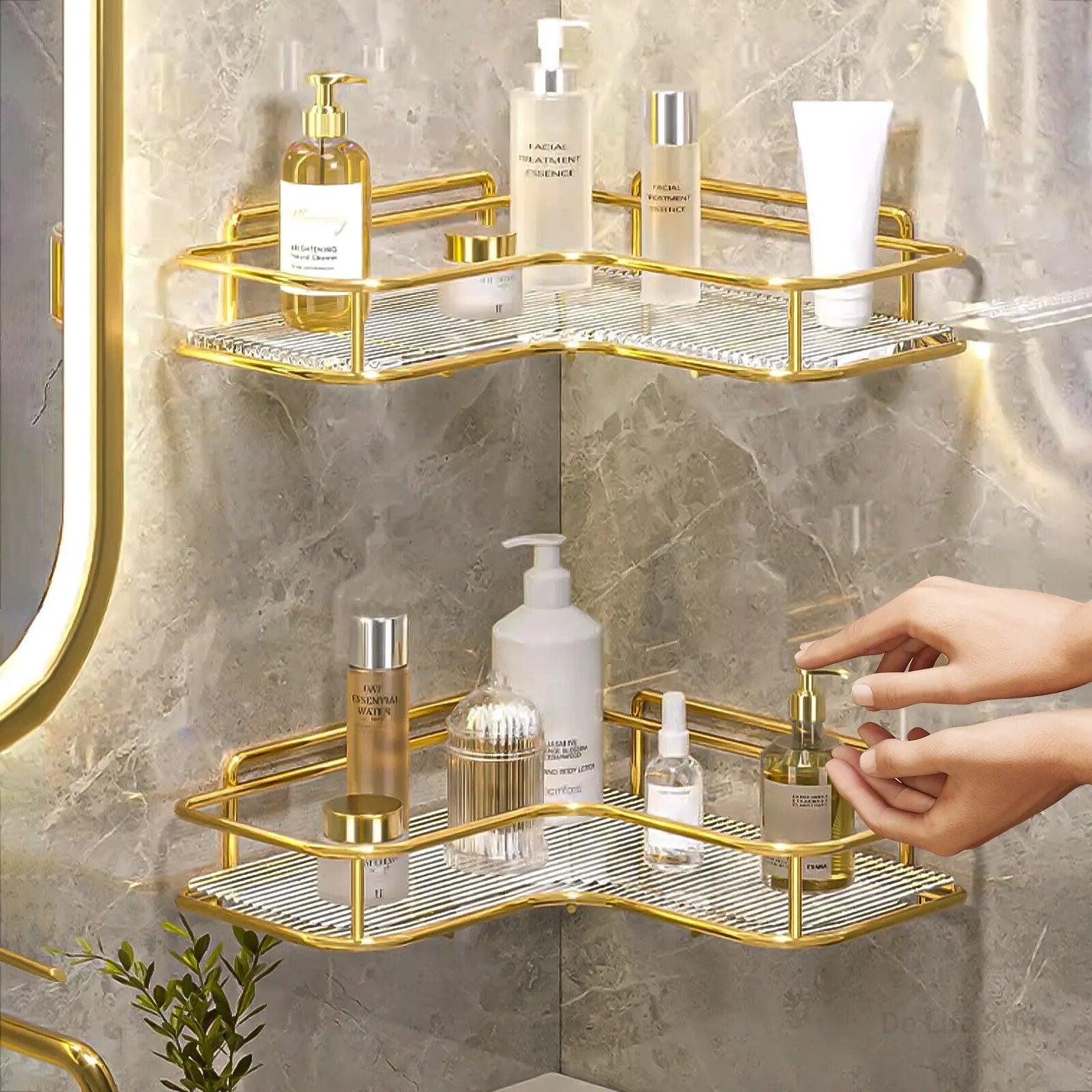 Close-up of acrylic corner bathroom shelf without drilling