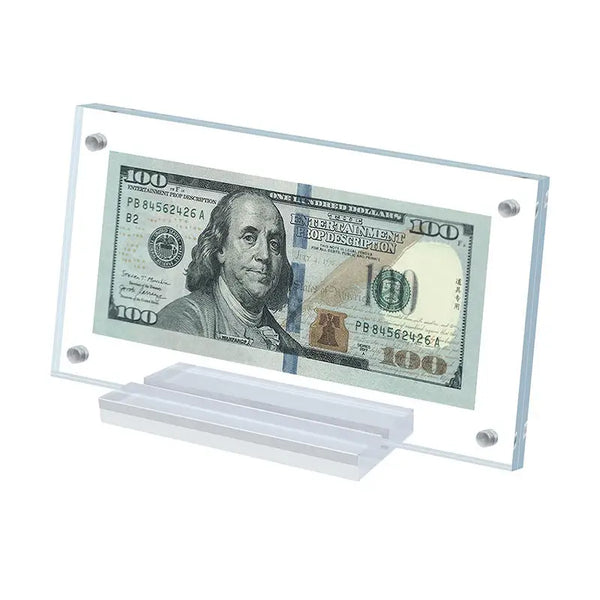Clear acrylic single grid banknote display frame showing transparent currency holder design