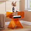 Modern acrylic bedside table side angle showing storage shelf
