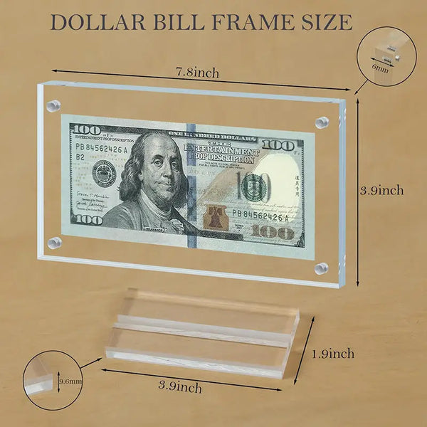 Acrylic bill holder size comparison with US dollar banknote for scale reference