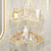 Front view of gold acrylic corner bathroom shelf, no drilling
