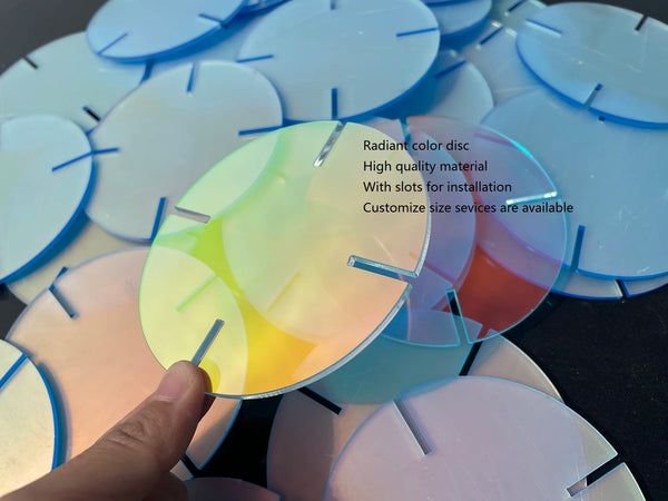 Translucent iridescent disc inserted into LED base with edge lighting activated
