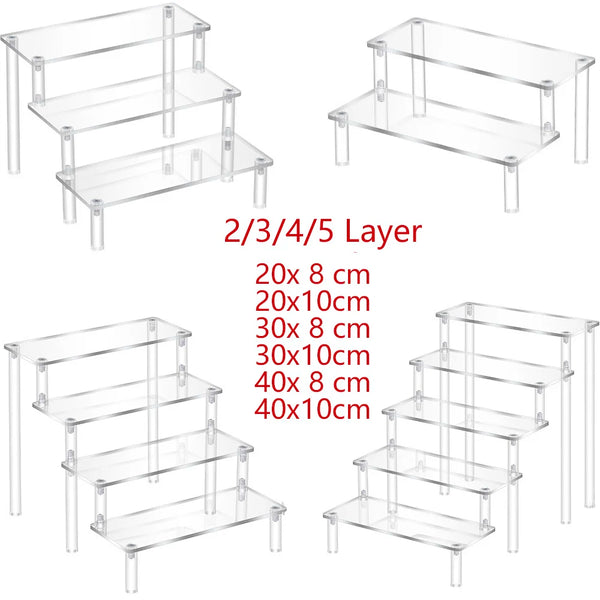 Acrylic display riser size comparison showing 1 tier to 5 tier options