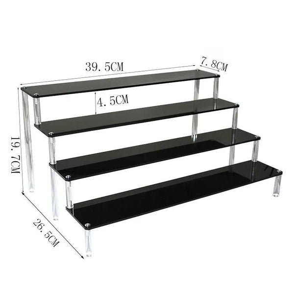 Black tiered acrylic shelf used in retail product display