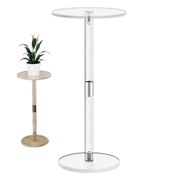Modern clear acrylic drink table as a small round end table in living room setting