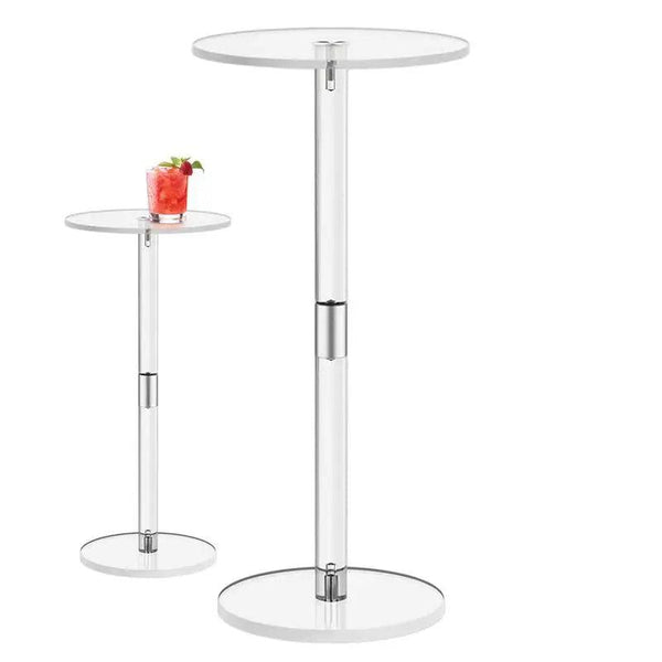 Custom-fabricated clear acrylic display tables with white round tops and adjustable transparent pedestals for retail exhibition and home use