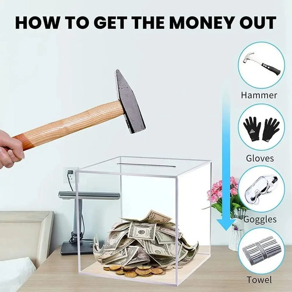 Hand holding clear acrylic piggy bank showing compact 6 inch size