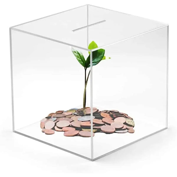 Acrylic savings box dimensions: 5.9 inch cube with 0.3 inch coin slot