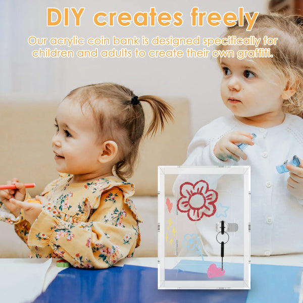 Acrylic money saving box size comparison showing 15x12x20cm and 12x12x12cm dimensions