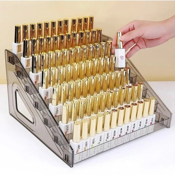 Clear acrylic 4-tier nail polish display organizer front view showing transparent PMMA construction